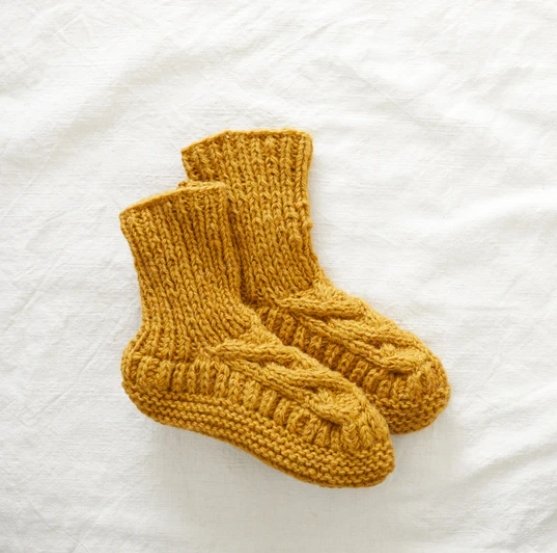 AURA QUE Cable Knit Wool Cosy Lined Slipper Socks - Mustard Yellow UK6-8 - Penny Brohn Shop
